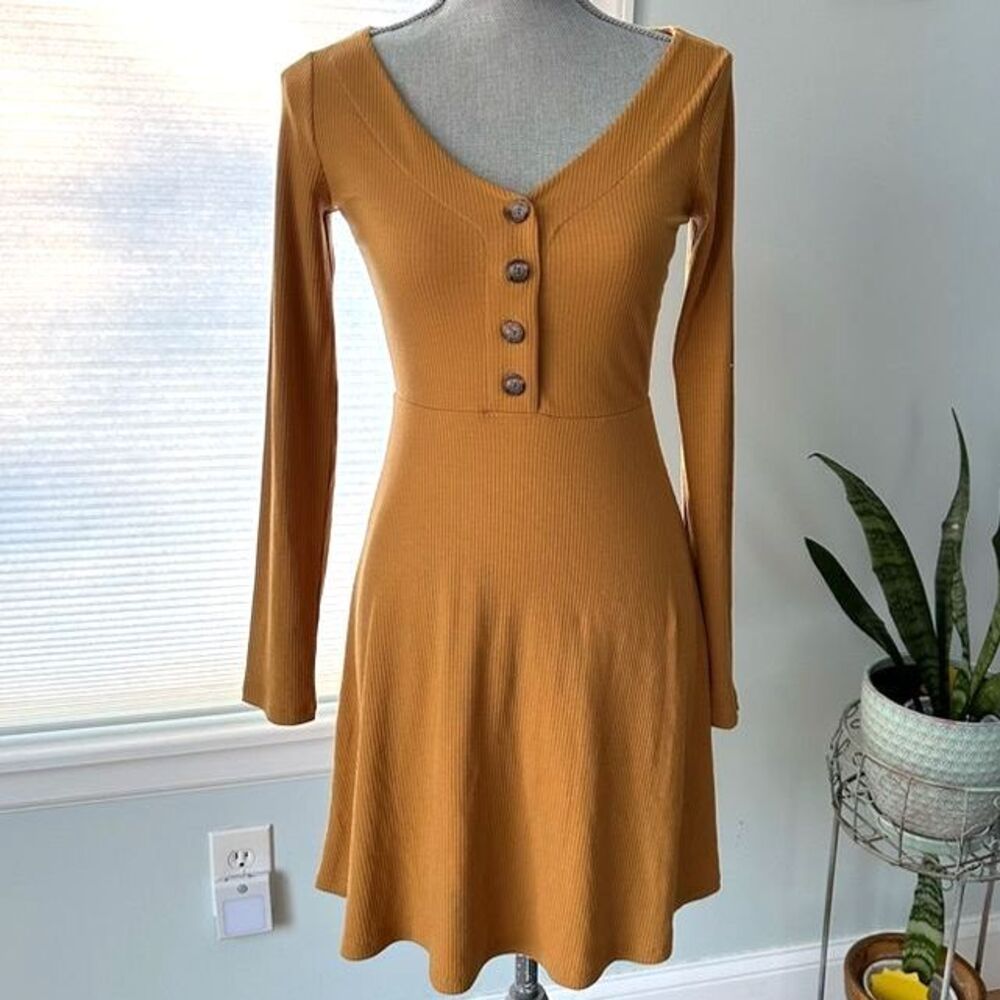 SO Kohls Long sleeve Mustard Yellow V Neck Mini Dress Size Juniors X Small